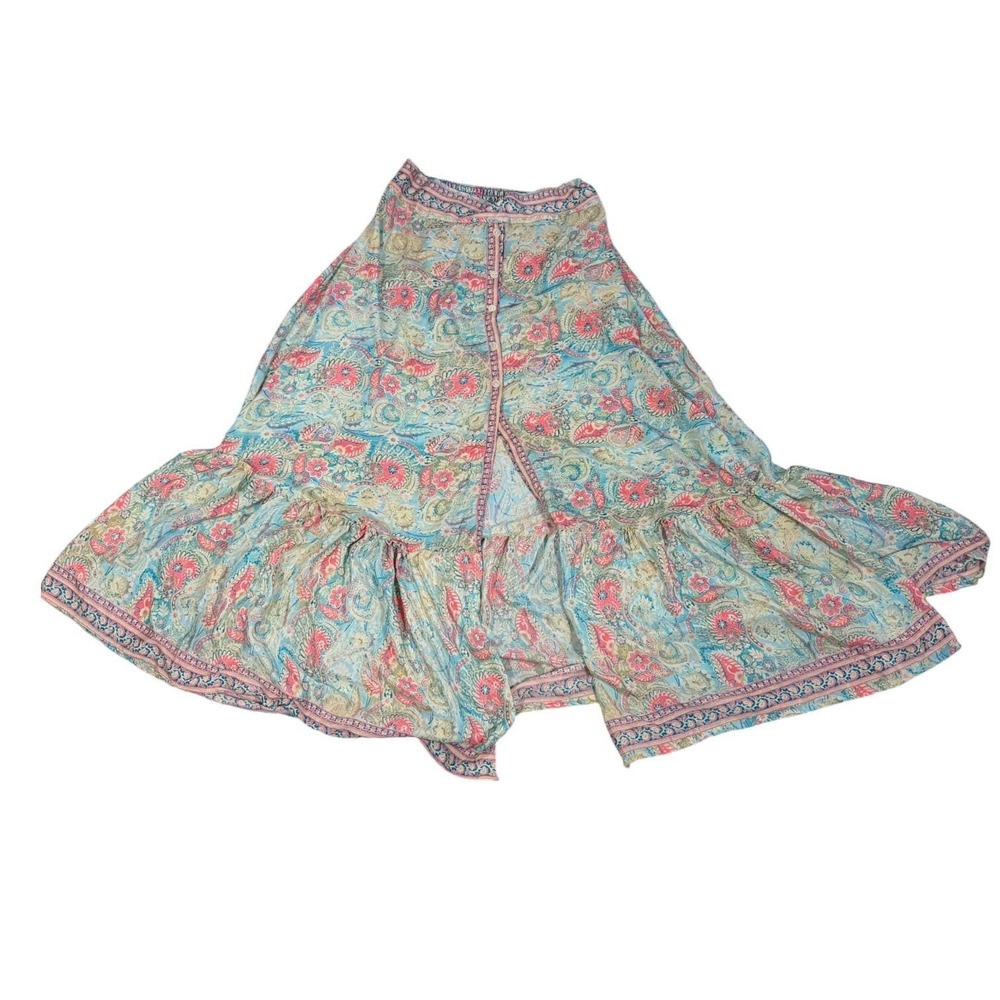 Vintage Paisley Maxi Skirt Womens Free Size Blue Pink Button Front Boho Slit - Picture 3 of 9